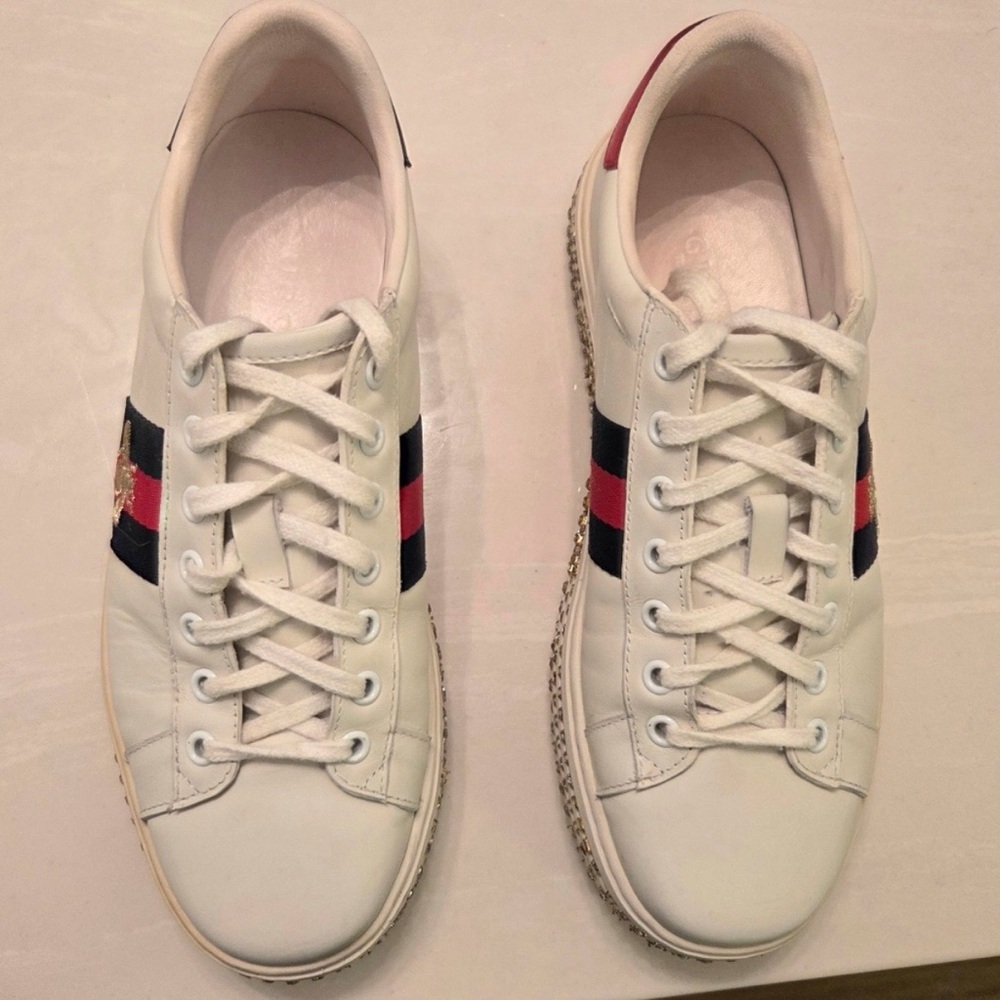 Gucci Women’s Ace Embellished Crystal White Sneakers 37